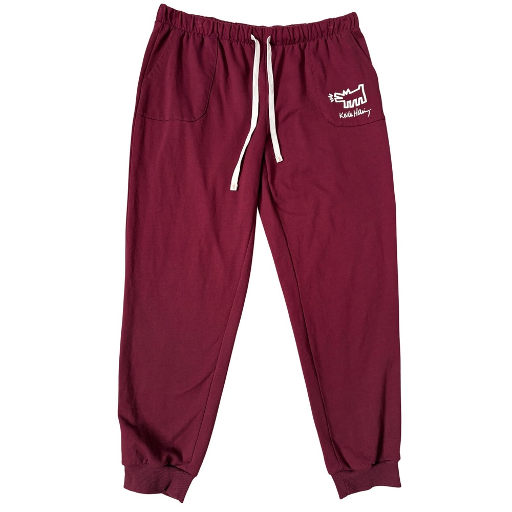 Keith Haring Barking Dog Streetwear Joggers Maroon Burgundy Sweatpants L Womens